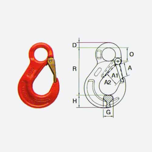 Eye load hook with safety device
