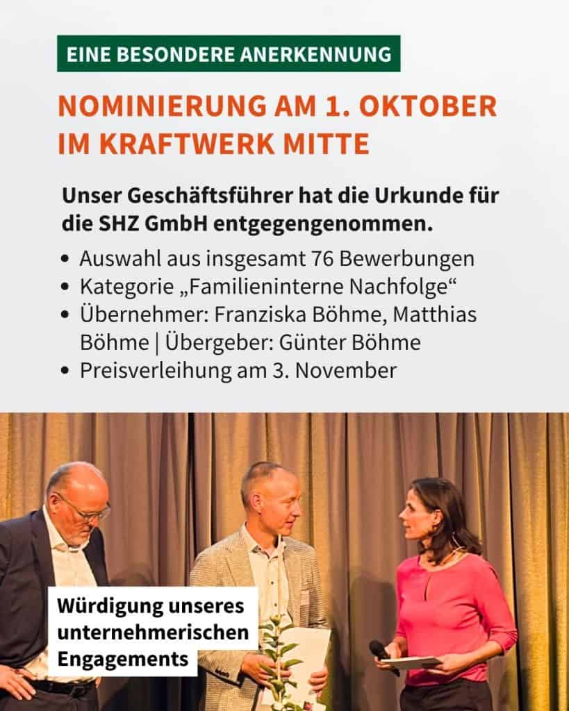 SHZ GmbH erhält Anerkennung im Kraftwerk Mitte für unternehmerisches Engagement.